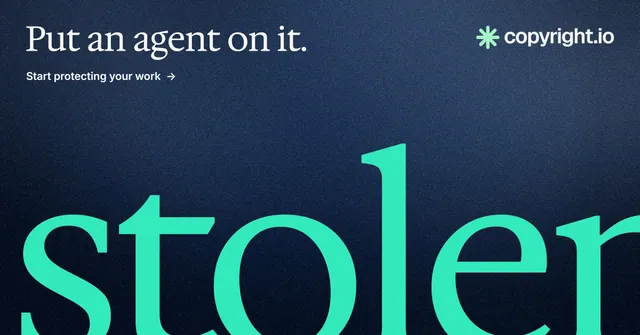 Social ad for copyright.io: "Put an agent on it." Agentic glass style, ogword layout, dark palette in blue, black, teal.