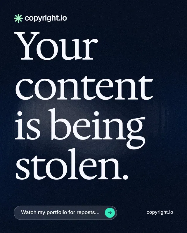 Instagram portrait post for copyright.io: "Your content is being stolen." Thermal style, poster layout, dark palette in black, blue, grey.
