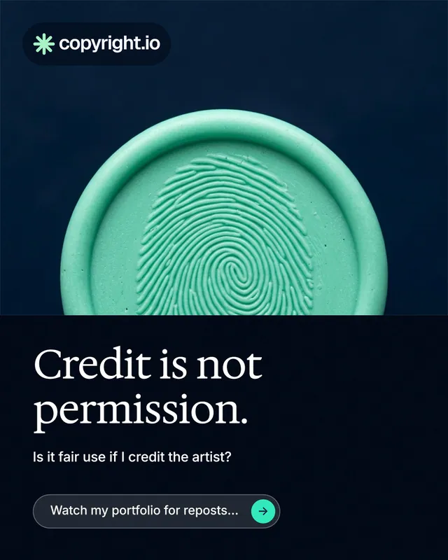 Instagram portrait post for copyright.io: "Credit is not permission." Agentic glass style, bottom layout, dark palette in black, teal, blue.