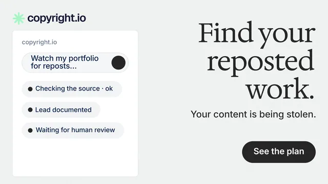Landscape graphic for copyright.io: "Find your reposted work." Data card style, right layout, light palette in white, grey.