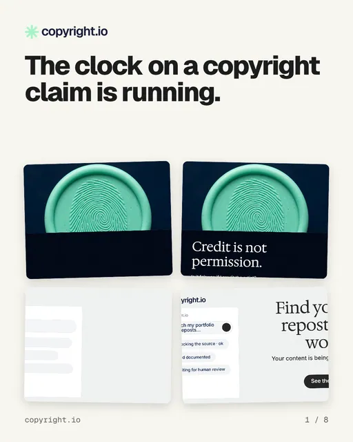 Carousel for copyright.io: "The clock on a copyright claim is running.". Collection carousel, 8 slides, light palette.