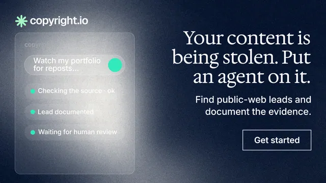 Landscape graphic for copyright.io: "Your content is being stolen. Put an agent on it." Cyanotype style, right layout, dark palette in grey, black, blue.