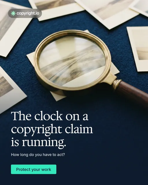 Video for copyright.io: "The clock on a copyright claim is running.". Doc motion loop, 6.0 s, dark palette.
