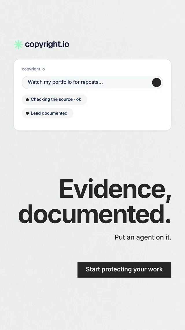 Instagram story for copyright.io: "Evidence, documented." Swiss style, right layout, light palette in white, grey.