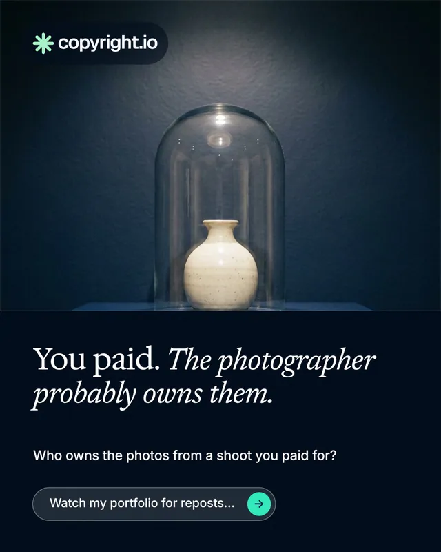 Instagram portrait post for copyright.io: "You paid. The photographer probably owns them." Agentic glass style, bottom layout, dark palette in blue, black, grey.