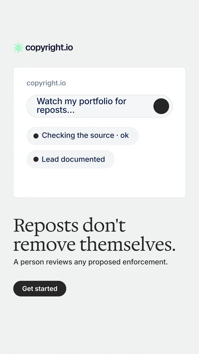 Instagram story for copyright.io: "Reposts don't remove themselves." Data card style, bottom layout, light palette in white.