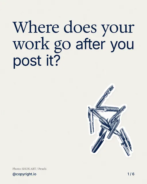 Carousel for copyright.io: "Where does your work go after you post it?". Cutout essay, 6 slides, light palette.