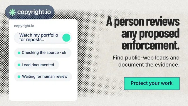 Landscape graphic for copyright.io: "A person reviews any proposed enforcement." Ink sticker style, right layout, light palette in white, green, grey.
