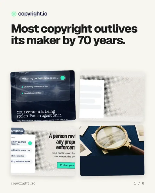 Carousel for copyright.io: "Most copyright outlives its maker by 70 years.". Collection carousel, 8 slides, light palette.