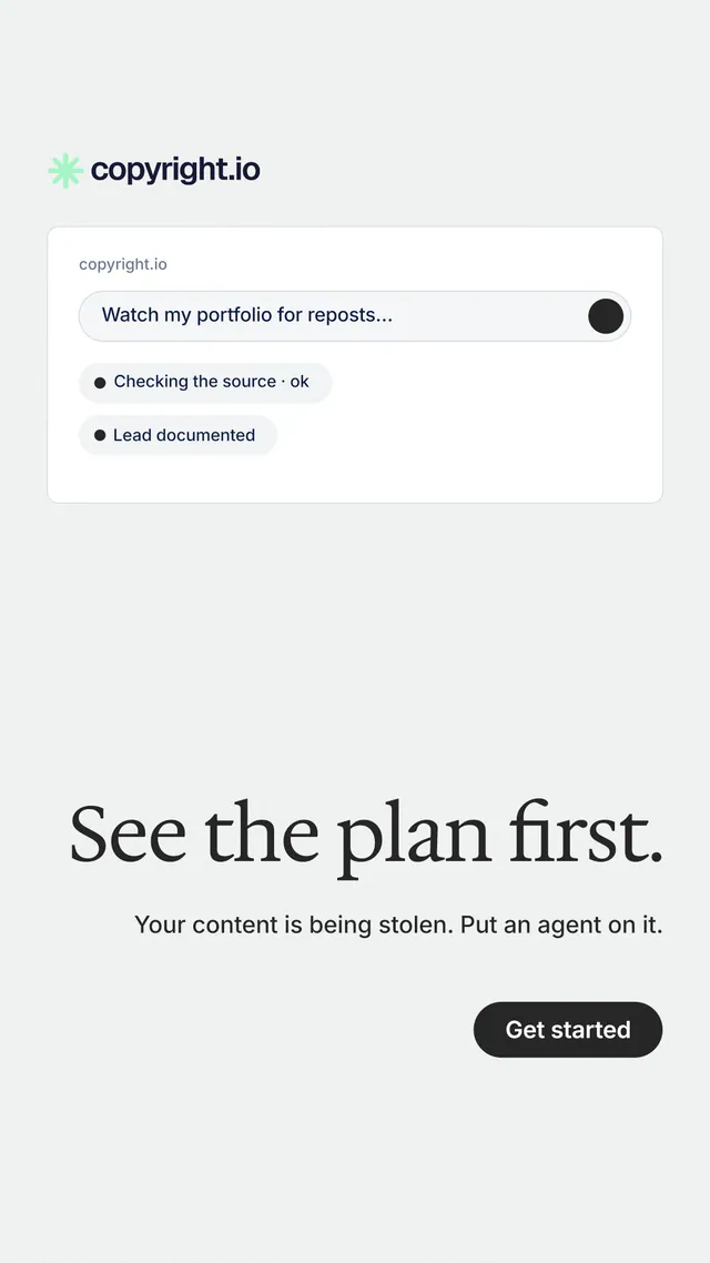 Instagram story for copyright.io: "See the plan first." Data card style, right layout, light palette in white.