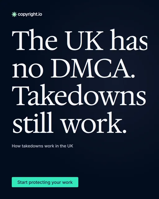 Video for copyright.io: "The UK has no DMCA. Takedowns still work.". Doc motion loop, 8.0 s, dark palette.