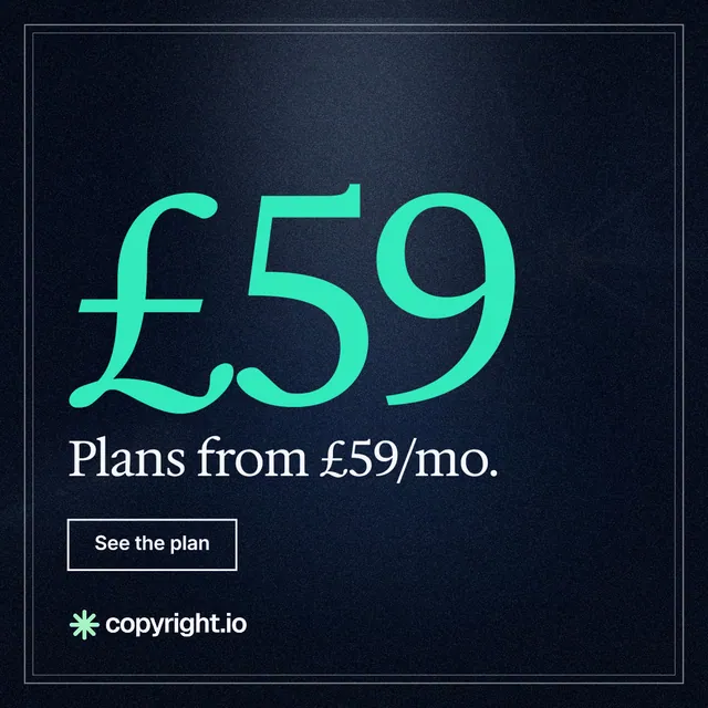 Instagram post for copyright.io: "Your content is being stolen. Put an agent on it." Dark deco style, stat layout, dark palette in black, blue, teal.