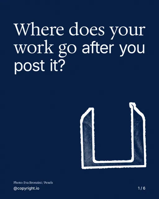 Carousel for copyright.io: "Where does your work go after you post it?". Cutout essay, 6 slides, dark palette.