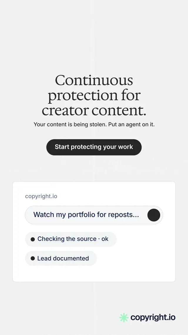 Instagram story for copyright.io: "Continuous protection for creator content." Data card style, centred layout, light palette in white.