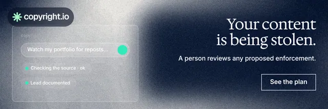 X header for copyright.io: "Your content is being stolen." Cyanotype style, right layout, dark palette in blue, grey, white.