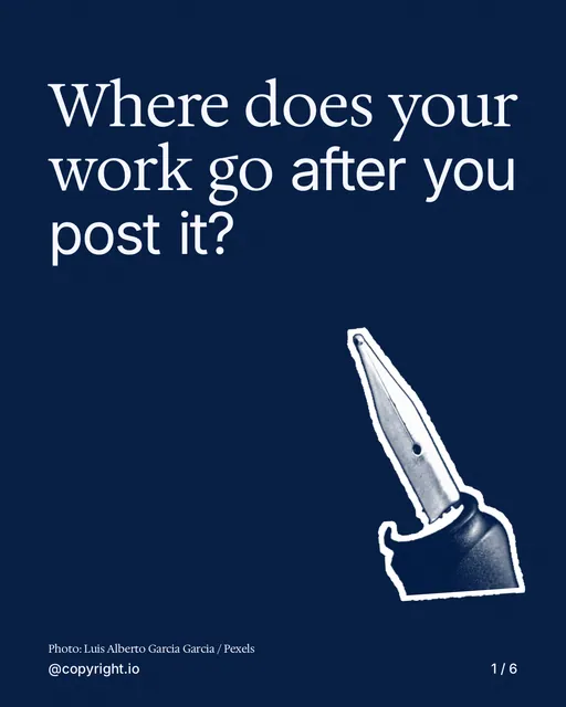 Carousel for copyright.io: "Where does your work go after you post it?". Cutout essay, 6 slides, dark palette.
