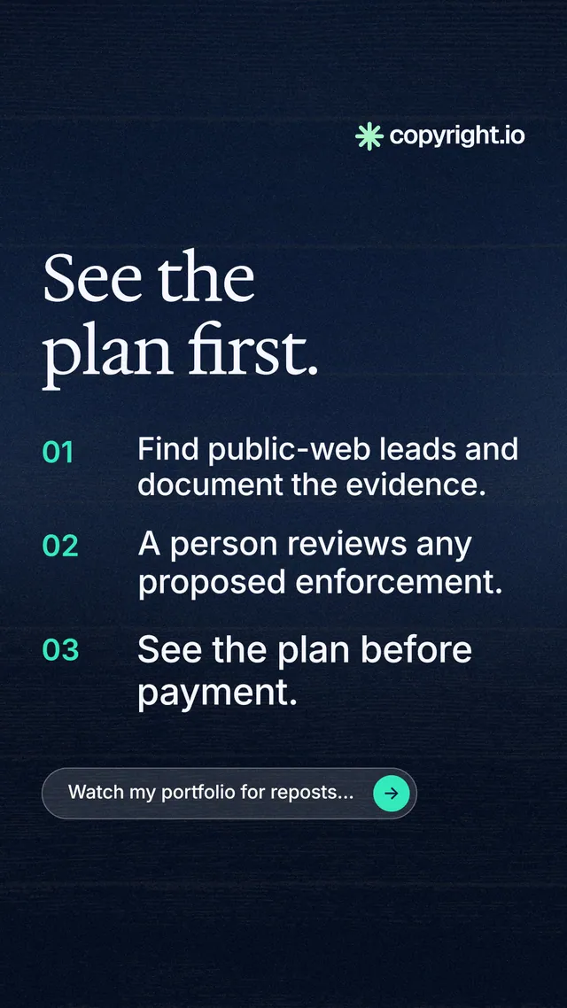 Instagram story for copyright.io: "See the plan first." Agentic glass style, numbered layout, dark palette in blue, black, grey.