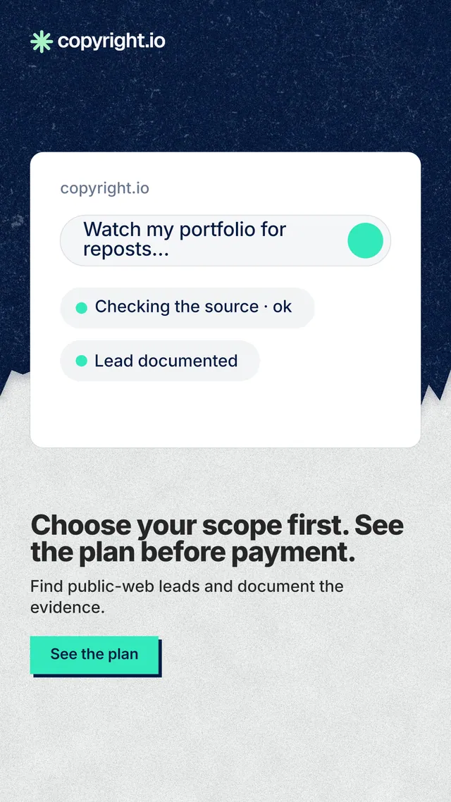 Instagram story for copyright.io: "Choose your scope first. See the plan before payment." Paper trio style, bottom layout, light palette in white, blue, grey.