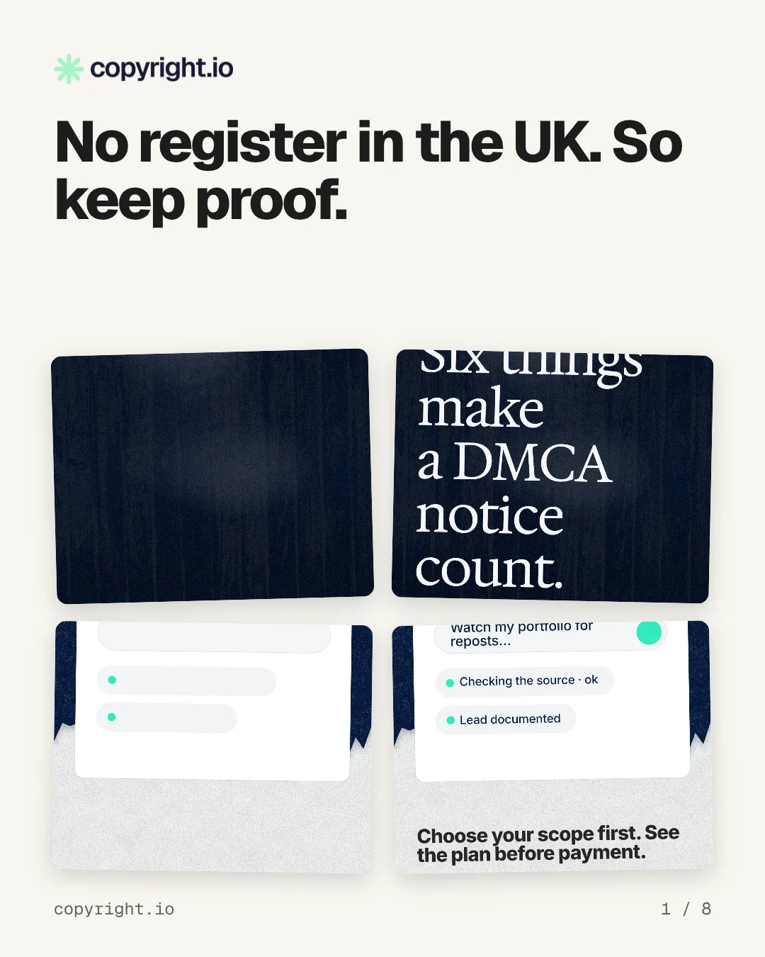Carousel for copyright.io: "No register in the UK. So keep proof.". Collection carousel, 8 slides, light palette.