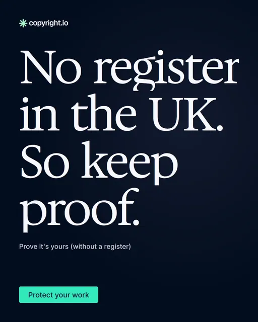 Video for copyright.io: "No register in the UK. So keep proof.". Doc motion loop, 7.0 s, dark palette.