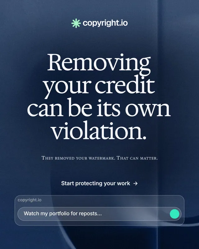Instagram portrait post for copyright.io: "Removing your credit can be its own violation." Swiss style, smallcaps layout, dark palette in blue, grey.