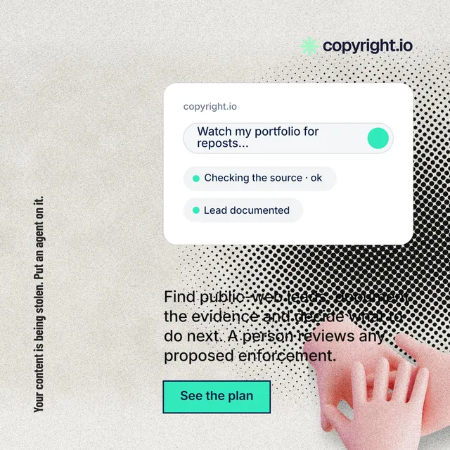 Instagram post for copyright.io: "Your content is being stolen. Put an agent on it." Ink sticker style, vertical layout, light palette in white, grey.