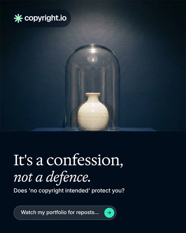Instagram portrait post for copyright.io: "It's a confession, not a defence." Agentic glass style, bottom layout, dark palette in blue, black, grey.
