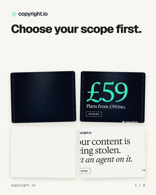 Carousel for copyright.io: "Choose your scope first.". Collection carousel, 8 slides, light palette.