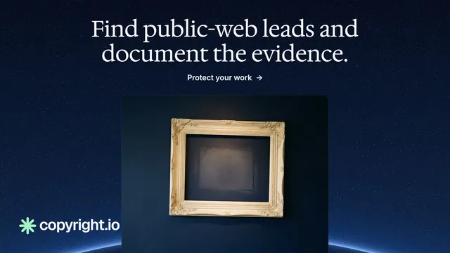 Landscape graphic for copyright.io: "Find public-web leads and document the evidence." Agentic glass style, ogui layout, dark palette in black, blue, grey.