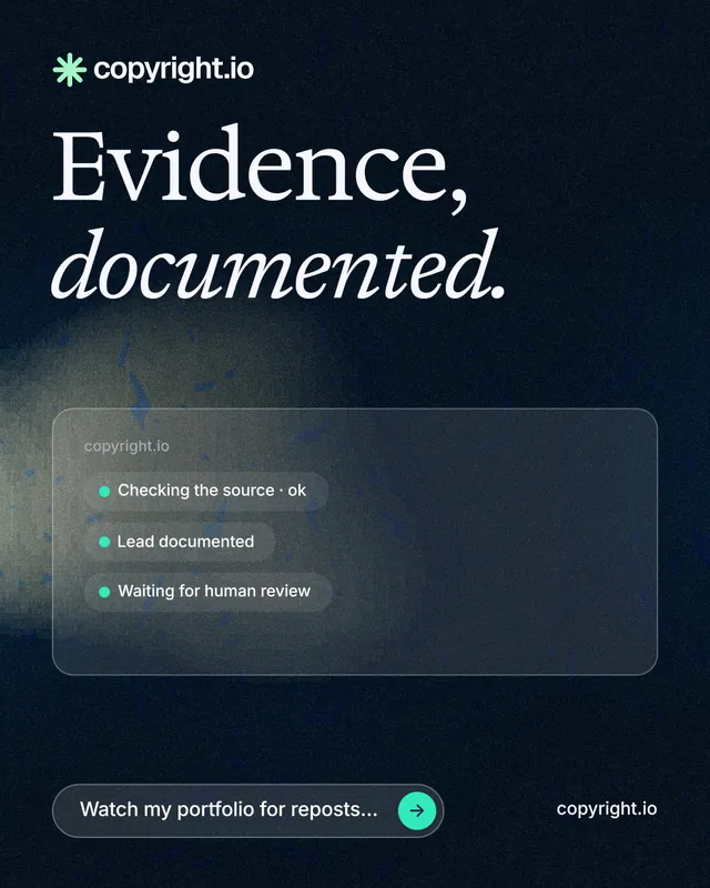Instagram portrait post for copyright.io: "Evidence, documented." Thermal style, poster layout, dark palette in black, blue, grey.