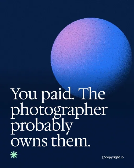 Video for copyright.io: "You paid. The photographer probably owns them.". Shader loop, 6.0 s, dark palette.