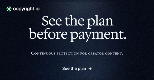 Social ad for copyright.io: "See the plan before payment." Dark deco style, smallcaps layout, dark palette in black, grey.