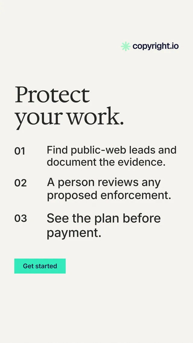 Instagram story for copyright.io: "Protect your work." Swiss style, numbered layout, light palette in white, grey.