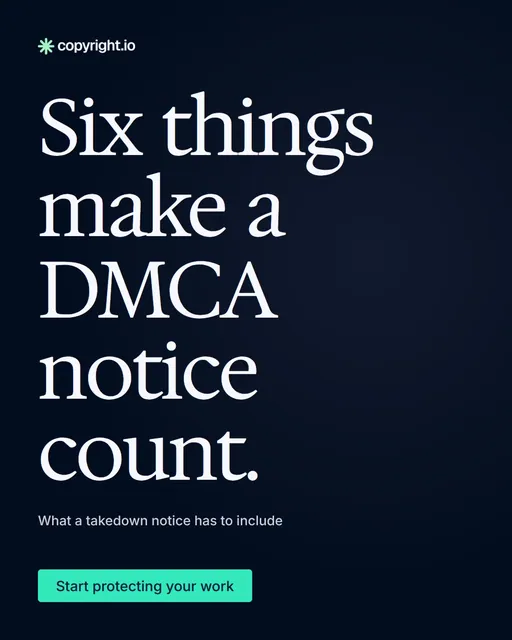 Video for copyright.io: "Six things make a DMCA notice count.". Doc motion loop, 6.0 s, dark palette.