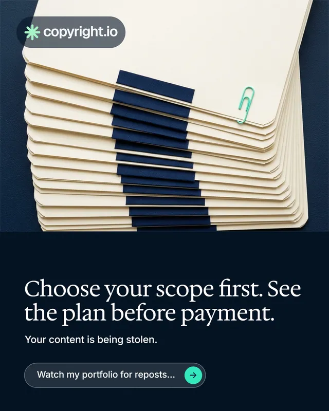 Instagram portrait post for copyright.io: "Choose your scope first. See the plan before payment." Agentic glass style, bottom layout, dark palette in yellow, black, blue.