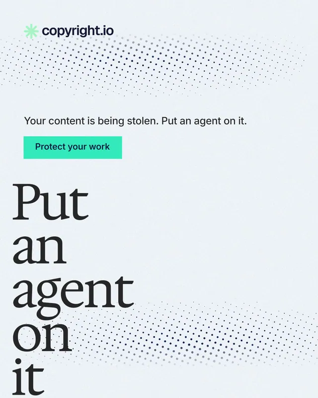 Instagram portrait post for copyright.io: "Put an agent on it." Swiss style, oversized layout, light palette in white, grey.