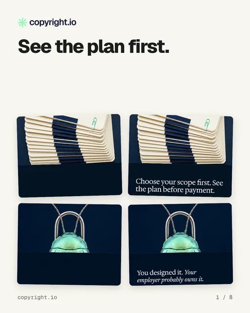 Carousel for copyright.io: "See the plan first.". Collection carousel, 8 slides, light palette.
