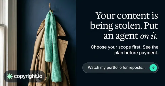 Social ad for copyright.io: "Your content is being stolen. Put an agent on it." Agentic glass style, right layout, dark palette in black, grey.