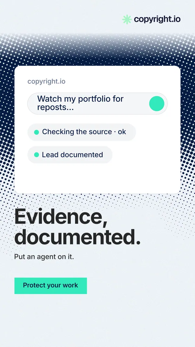 Instagram story for copyright.io: "Evidence, documented." Swiss style, bottom layout, light palette in white, grey, teal.