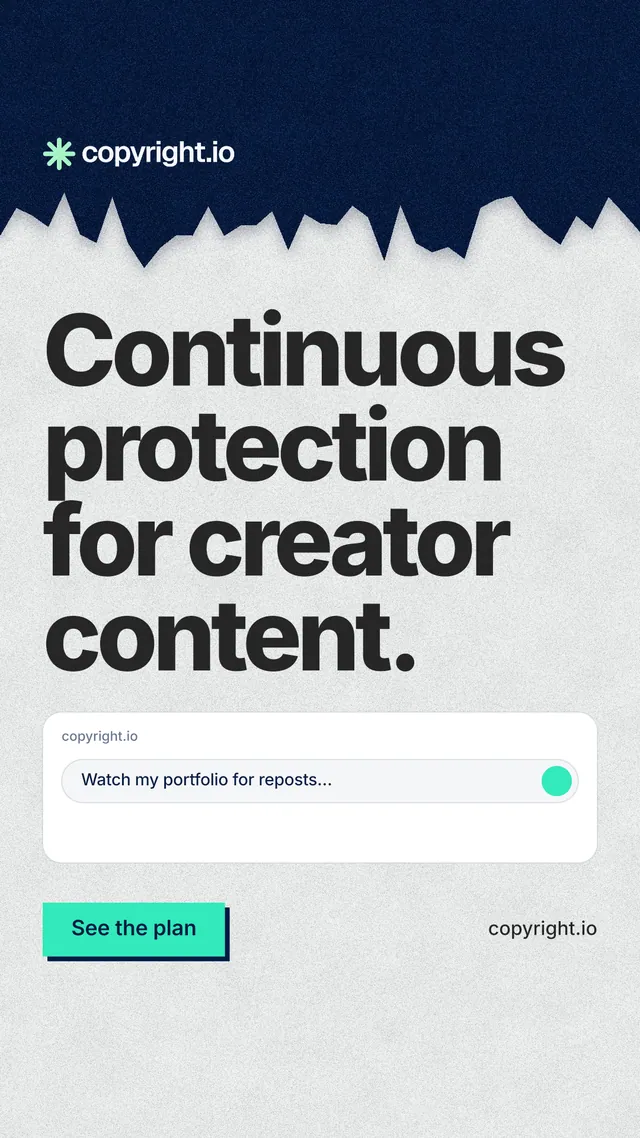 Instagram story for copyright.io: "Continuous protection for creator content." Paper trio style, poster layout, light palette in white, blue, grey.