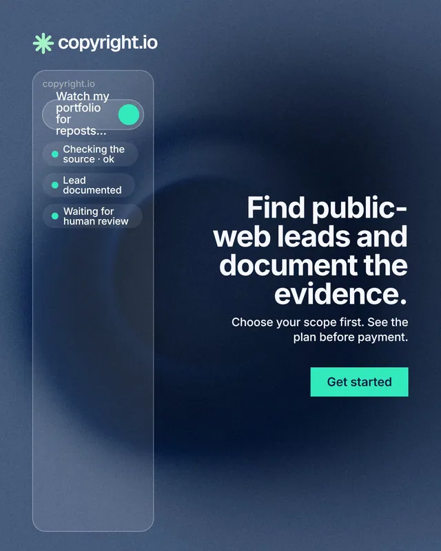 Instagram portrait post for copyright.io: "Find public-web leads and document the evidence." Swiss style, right layout, dark palette in blue, grey.