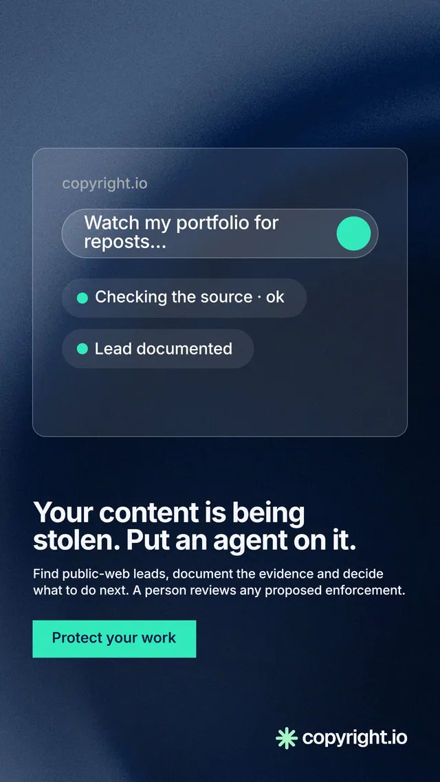Instagram story for copyright.io: "Your content is being stolen. Put an agent on it." Swiss style, bottom layout, dark palette in blue, black.