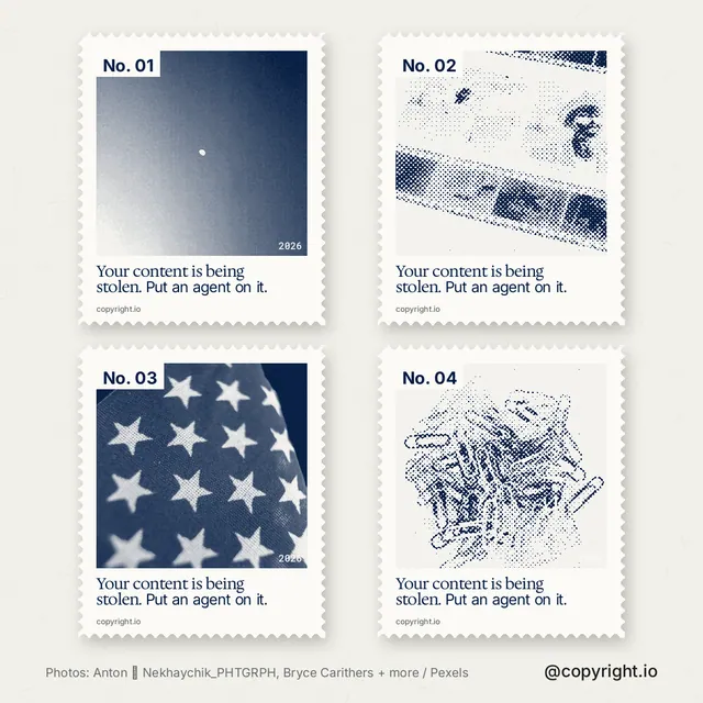 Instagram post for copyright.io: "Your content is being stolen. Put an agent on it." Sheet style, technique:stamp series layout, light palette in white, grey.