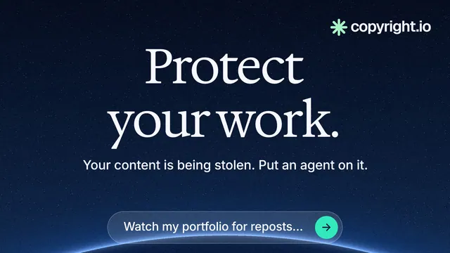 Landscape graphic for copyright.io: "Protect your work." Agentic glass style, centred layout, dark palette in blue, black, grey.