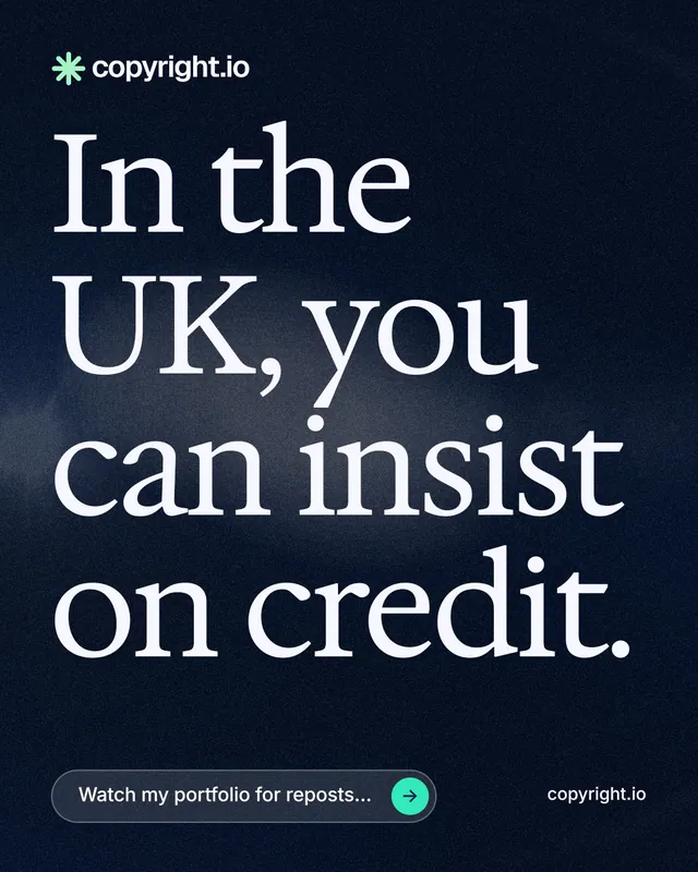 Instagram portrait post for copyright.io: "In the UK, you can insist on credit." Thermal style, poster layout, dark palette in black, blue, grey.