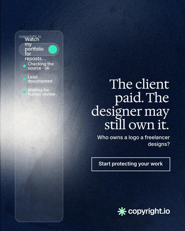 Instagram portrait post for copyright.io: "The client paid. The designer may still own it." Cyanotype style, right layout, dark palette in blue, grey, black.
