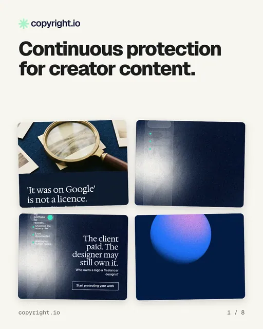 Carousel for copyright.io: "Continuous protection for creator content.". Collection carousel, 8 slides, light palette.