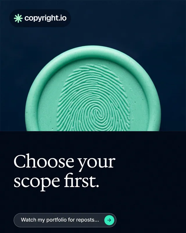 Instagram portrait post for copyright.io: "Choose your scope first." Agentic glass style, bottom layout, dark palette in black, blue, teal.