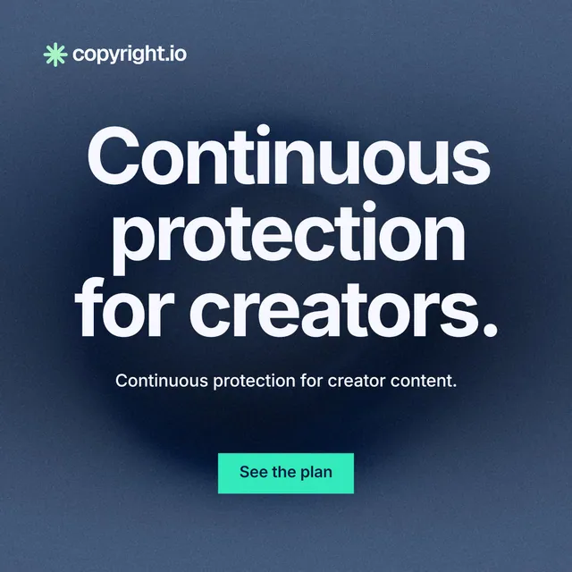 Instagram post for copyright.io: "Continuous protection for creators." Swiss style, centred layout, dark palette in blue, teal.