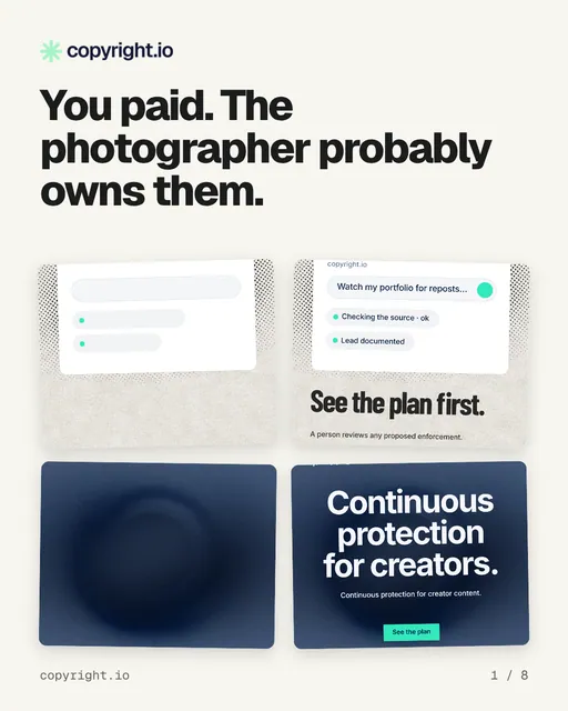 Carousel for copyright.io: "You paid. The photographer probably owns them.". Collection carousel, 8 slides, light palette.